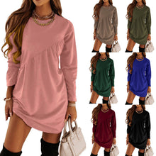Load image into Gallery viewer, Autumn And Winter Women's Long Sleeved Mini Waist Casual Round Neck Loose Pleated Dress
