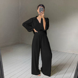 Pleated Blouse Wide Leg Pants Women Trousers Elegant Casual Palazzo Pants Elastic High Waist Ruched Pants Ladies 2 Pieces Set