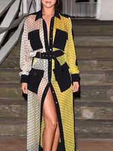 Load image into Gallery viewer, Yellow Black Pathwork Chiffon Polka Dot Maxi Slit Dress Long Sleeve with Sashes Pocket Retro Summer Tunic Robes Femme Covers
