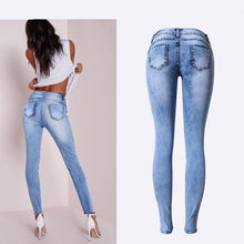 Load image into Gallery viewer, Summer Style Low Waist Sky Blue Patchwork Skinny Tights Women Pencil Jeans High Stretch Sexy Push Up Denim Women Fashion Jeans

