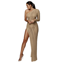 Load image into Gallery viewer, Sexy High Slit Knitted Dress One Shoulder Hollow Out Women Crochet Dresses  Long Crocheted Beach Dress Vestidos
