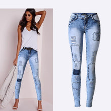 Load image into Gallery viewer, Summer Style Low Waist Sky Blue Patchwork Skinny Tights Women Pencil Jeans High Stretch Sexy Push Up Denim Women Fashion Jeans
