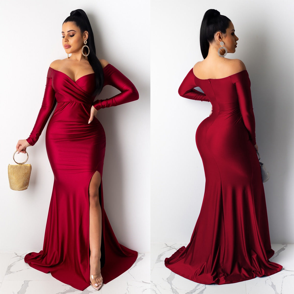 Women's Sexy Dress Nightclub V-neck Gift Dress Solid Color Large Split Length