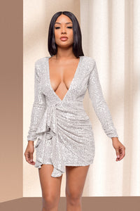 Dress Deep V Pleated Ruffle Belt Women's Long Sleeve Open Back Sequin Dress