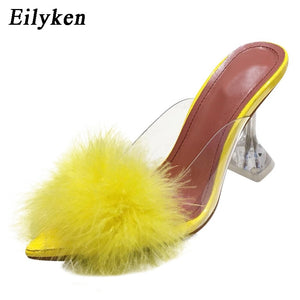 Summer Woman Pumps PVC Transparent Feather Perspex Crystal High Heels Fur Peep Toe Mules Slippers Ladies Slides Shoes