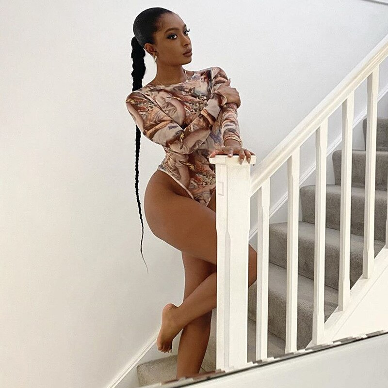 Shestyle Butterfly Angel Printed Bodysuits Women Bodycon Slim Sexy Round-neck New Arrivals Overalls Body Open Crotch Lady