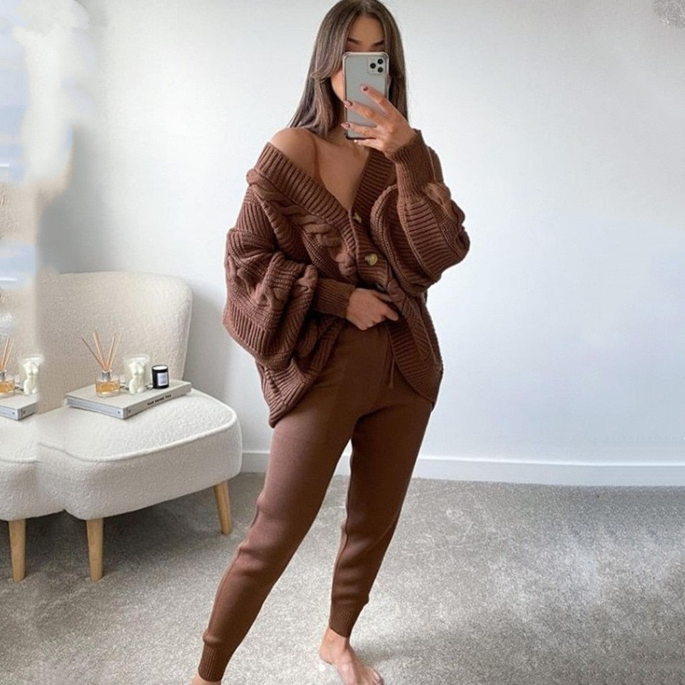 2-piece knit set for women pattern v-neck cardigan + pants trousers knitted suit tracksuit