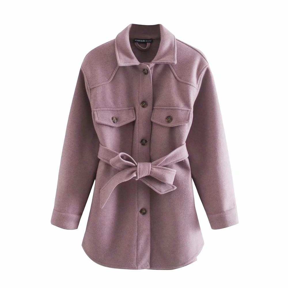 Fashion With Belt Loose Woolen Jacket Coat Vintage Long Sleeve Side Pockets Female Outerwear Chic Overcoat