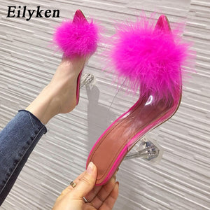 Summer Woman Pumps PVC Transparent Feather Perspex Crystal High Heels Fur Peep Toe Mules Slippers Ladies Slides Shoes