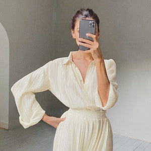 Pleated Blouse Wide Leg Pants Women Trousers Elegant Casual Palazzo Pants Elastic High Waist Ruched Pants Ladies 2 Pieces Set