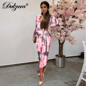 Dulzura tie dye print women midi dress long sleeve bodycon sexy bandage bodycon sexy autumn winter clothes party dinner