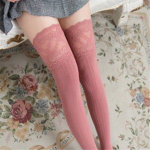 Japanese and Korean New Lace Knee Socks Spring and Autumn Cotton Vertical Stripe Stockings Non slip High thigh Stockings