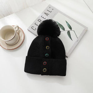 Fashion Autumn And Winter New Five-Breasted Woolen Hat Wild Cape Capless Warm Knitted Hat With Fur Balls