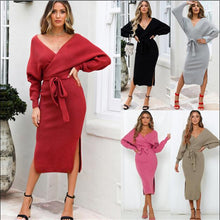 Load image into Gallery viewer, New Sexy Autumn V Neck With Cross Belt Sweater Knitted Women Dress Split Slim Winter Long Sleeve Elegant Ladies Z343
