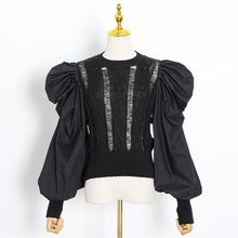 Load image into Gallery viewer, Runway Heavy Crafts Pleated Zou Puff Sleeves O-Neck Knit Sweater Pullover Ladies Autumn Hollow Fashion Sexy Vintage Top Clothes
