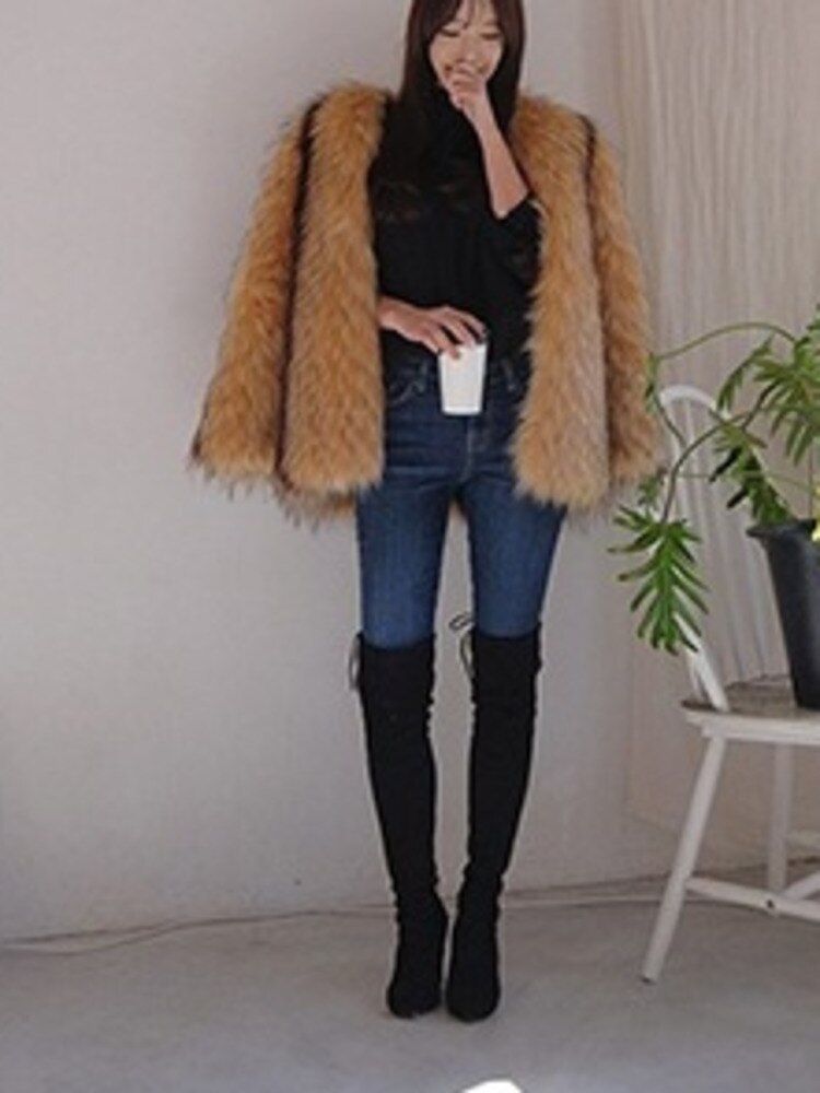 Fashion Women's Faux Fur Coat Stripe Pockets V-neck Loose Long Sleeve Mixed Color Jackets Female Winter New