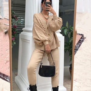 2-piece knit set for women pattern v-neck cardigan + pants trousers knitted suit tracksuit