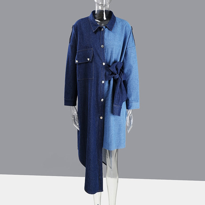 Women Big Size Irregular Contrast Color Blue Denim Dress New Lapel Long Sleeve Loose