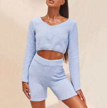 Load image into Gallery viewer, Casual Two Piece Sets Flare Sleeve Sweatshirts 2 Piece Shorts Set Sexy Fluffy Suits Lounge Set
