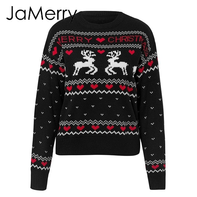 JaMerry Vintage merry christmas sweaters women long sleeve Autumn winter deer print knitted female pullover Chic top jumper