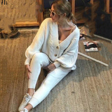 Load image into Gallery viewer, 2-piece knit set for women pattern v-neck cardigan + pants trousers knitted suit tracksuit
