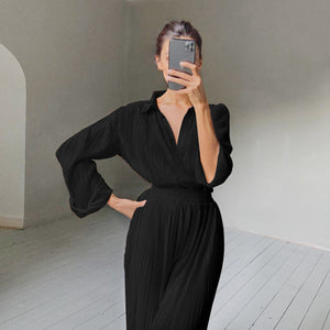 Pleated Blouse Wide Leg Pants Women Trousers Elegant Casual Palazzo Pants Elastic High Waist Ruched Pants Ladies 2 Pieces Set