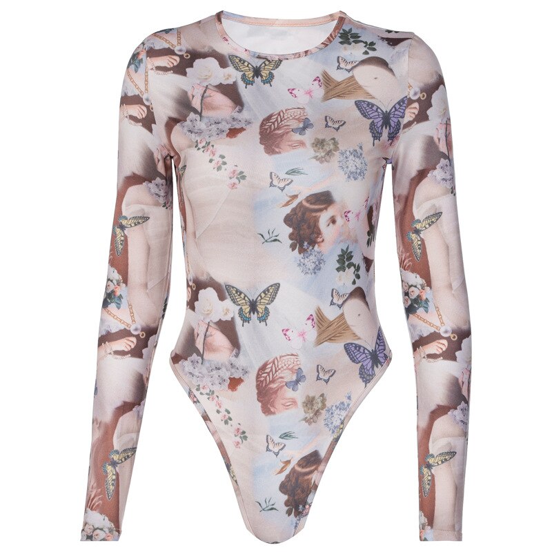 Shestyle Butterfly Angel Printed Bodysuits Women Bodycon Slim Sexy Round-neck New Arrivals Overalls Body Open Crotch Lady