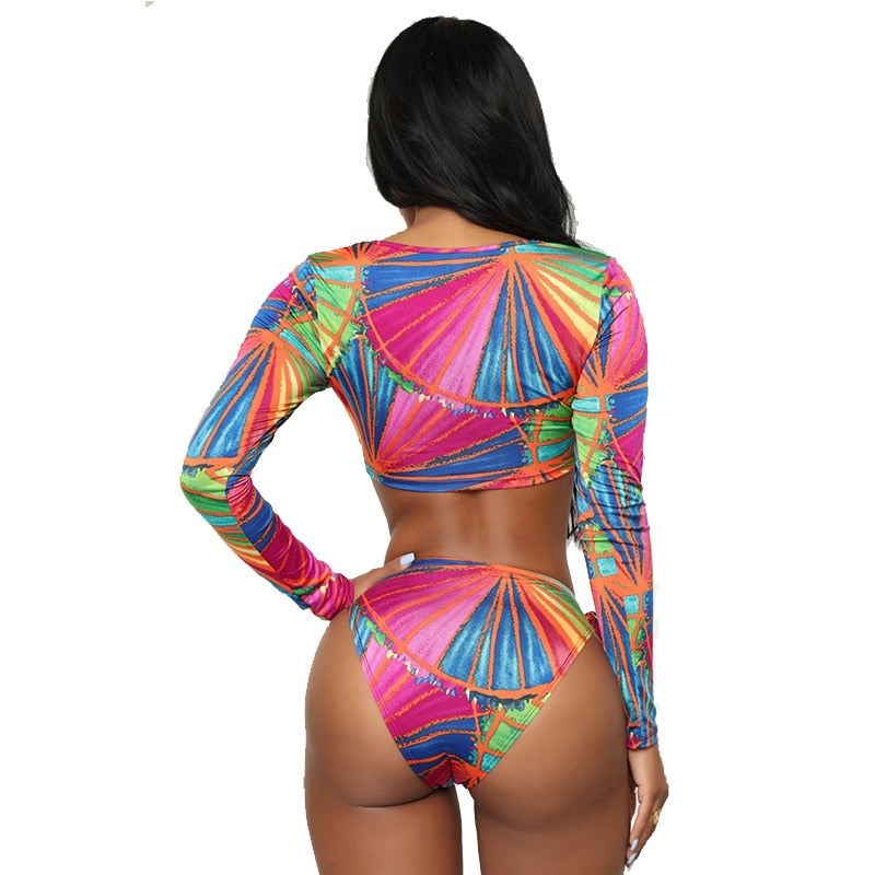 High Cut Swimsuit Two Piece Bathing Suit Women African Print Long Sleeves Swimwear Cut Out Beach Tribal Thong Bikini