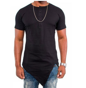 Fashion street wear men's hi-street t-shirt Button neck tshirt Longline sharp Asymmetrical hem men funny t shirt