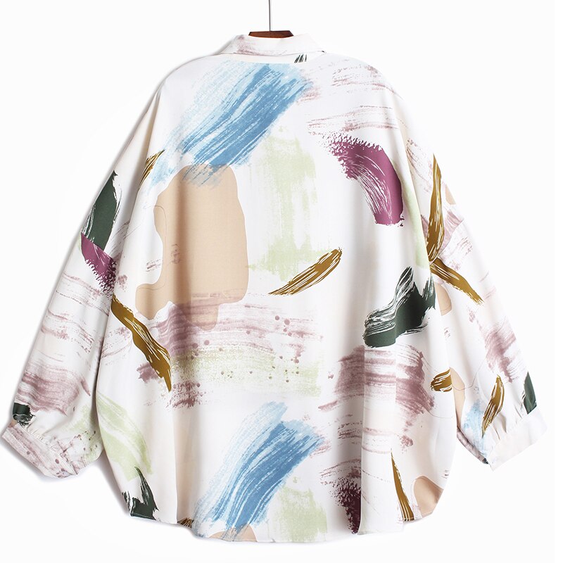 Women White Big Size Printed Pocket Blouse New Lapel Long Sleeve Loose Fit Shirt Fashion Tide Spring Summmer  1DD8214