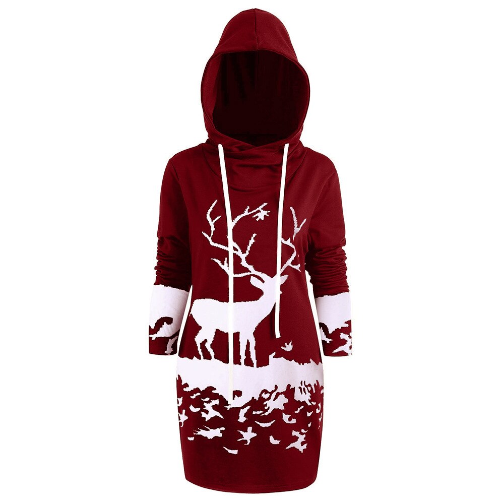 Free Ostrich Christmas Dress Women Hooded Long Sleeve Printed Casual Vestido De Festa Curto Casual Dress Clothes Women N30