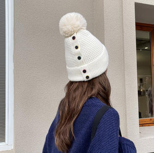 Fashion Autumn And Winter New Five-Breasted Woolen Hat Wild Cape Capless Warm Knitted Hat With Fur Balls