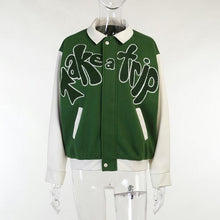 Load image into Gallery viewer, Bomber Jacket Women Green Contrast Sleeve PU Leather Coat Outerwear TAKE A TRIP Letter Applique Female Autumn Baseball Jackets
