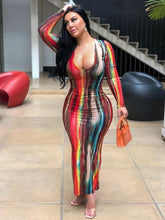Load image into Gallery viewer, Women Plus Size Dress Tie Dye Full Sleeve V-neck Stretchy Skinny Boydcon Pencil Long Maxi Dresses Sexy Vestidos Autumn
