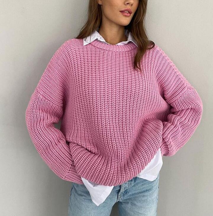 Women Solid Knitted Thickening Oversized Sweater