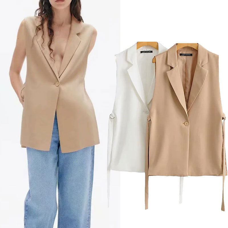 Women  Solid Colorloose Side Slit Temperament Loose One-Button Suit Collar Sleeveless Long Vest Streetwear Chic Tops