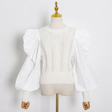 Load image into Gallery viewer, Runway Heavy Crafts Pleated Zou Puff Sleeves O-Neck Knit Sweater Pullover Ladies Autumn Hollow Fashion Sexy Vintage Top Clothes
