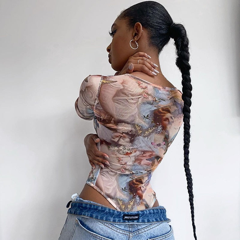 Shestyle Butterfly Angel Printed Bodysuits Women Bodycon Slim Sexy Round-neck New Arrivals Overalls Body Open Crotch Lady