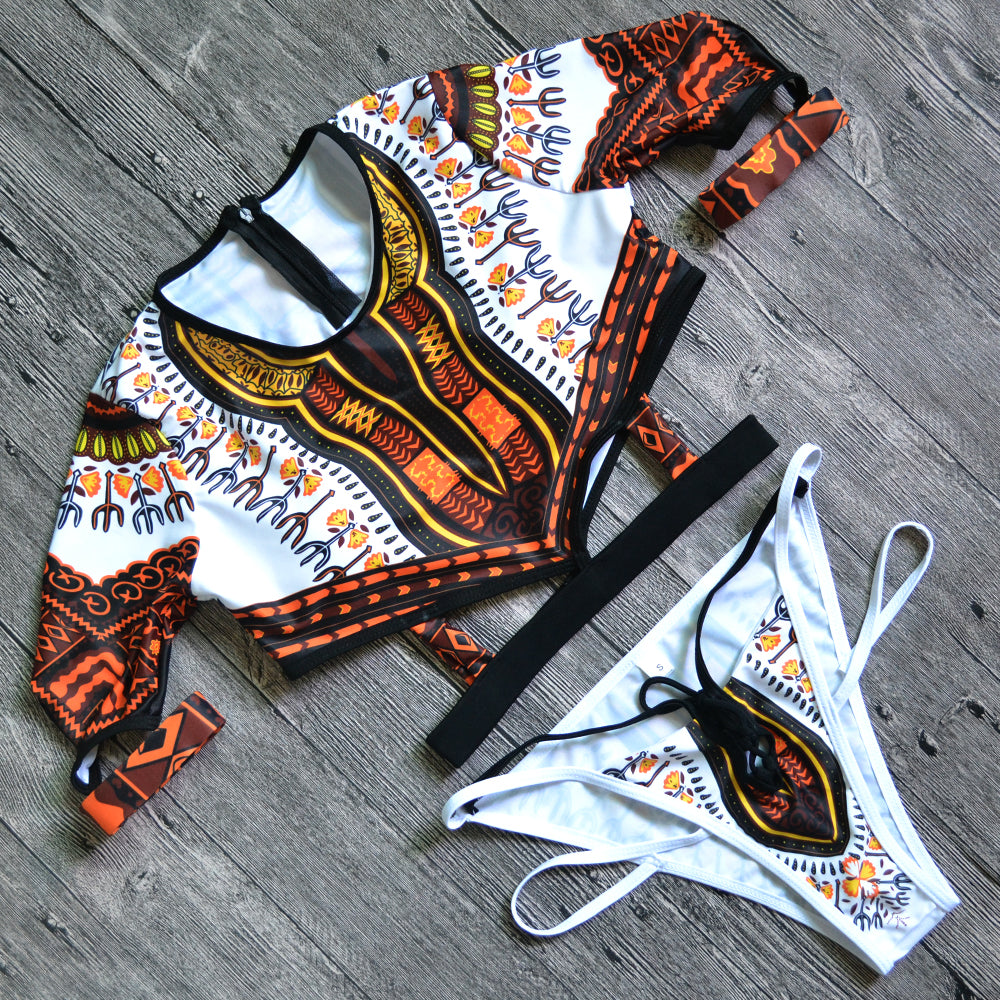 African Short Sleeve Swimsuit Dashiki Print Bikini Set Bikinis Women Thong Swimwear Female Plus Size Swimsuits Bathing Suit