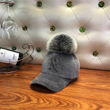 Load image into Gallery viewer, Fashion Faux fur ball baseball cap winter Faux seahorse hair Warm Cap For Women Rhinestone Diamond Letter Visor Hats
