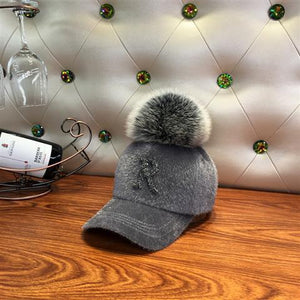 Fashion Faux fur ball baseball cap winter Faux seahorse hair Warm Cap For Women Rhinestone Diamond Letter Visor Hats