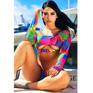 High Cut Swimsuit Two Piece Bathing Suit Women African Print Long Sleeves Swimwear Cut Out Beach Tribal Thong Bikini