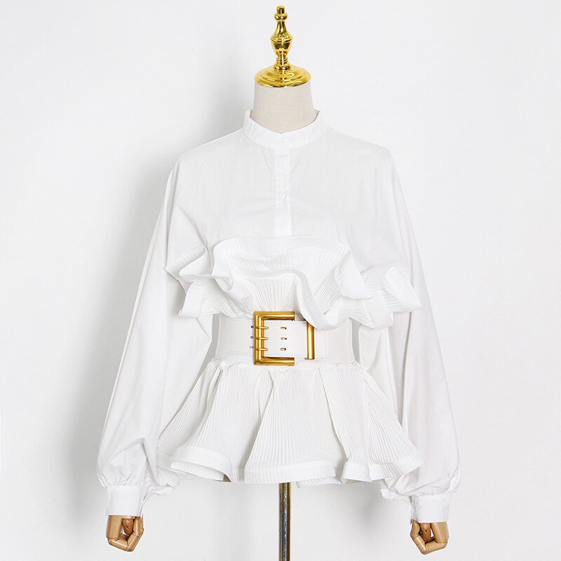 Ruffle Shirt For Women Stand Collar Long Sleeve Sashes