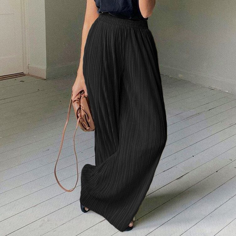 Pleated Blouse Wide Leg Pants Women Trousers Elegant Casual Palazzo Pants Elastic High Waist Ruched Pants Ladies 2 Pieces Set