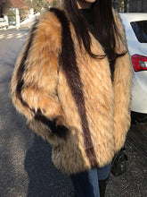 Load image into Gallery viewer, Fashion Women's Faux Fur Coat Stripe Pockets V-neck Loose Long Sleeve Mixed Color Jackets Female Winter New
