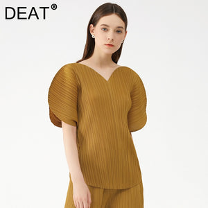 Woman Pleated T Shirt Solid Heart-shaped Design V Collar Batwing Sleeve Loose Tops Casual Style