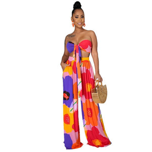 Dashiki Women African Clothes for Women Floral Printing Long Dress New Casual Elegant Tube Top Pants V-Neck Women's 2-Piece Su