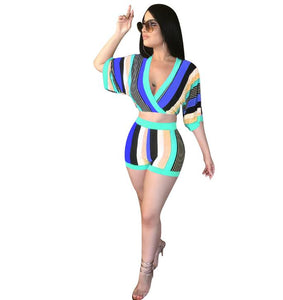 Sexy 2 Piece Set Women Stripe Tops+Bodycon Shorts Suit Casual Summer Outfits Plus Size