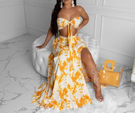 Printed Bandeau Sexy Strapless Crop Tops & Slit Maxi Skirts Set Summer Women Two Piece Set