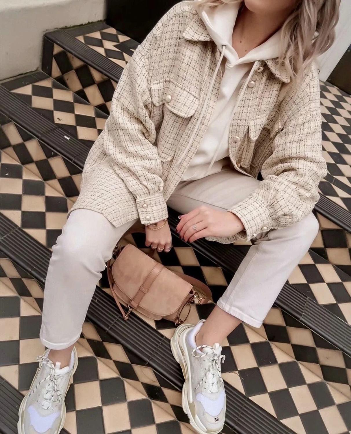 Women Blazer Tweed Shirts Plaid Oversized Jacket Casual Button Up Jacket Ladies Long Sleeve Women Casual Blazer Tops Beige Shirt